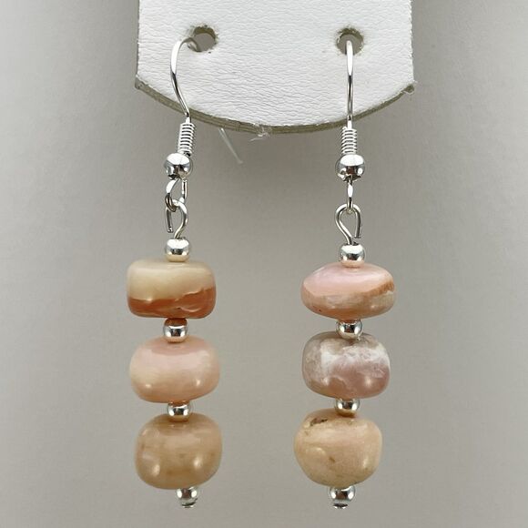 Stunning Pink Opal Round Beaded Dangle Earrings Silver Tone Boho Classic Cute - Picture 3 of 6